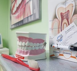 Model de dinți Colgate plasat pe un birou, alături de o periuță de dinți și un suport pentru carduri de vizită.