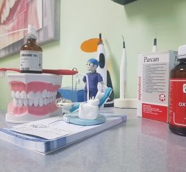 Un set de instrumente stomatologice, inclusiv un model de dinți, soluții și un manechin stomatologic.