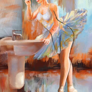 O baletă îmbrăcată într-o fustă de balet, periajându-se pe dinți în fața unei oglinzi.