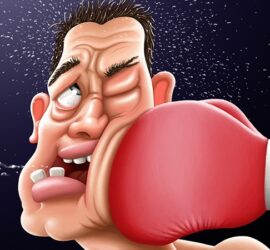 Un boxer desenat animat primește o lovitură puternică, cu un dinte care zboară din gură.