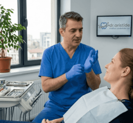 Medicul stomatolog discută cu pacientul în timpul procedurii de implant dentar
