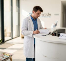 Recepționeră la intrarea unei clinici stomatologice din București