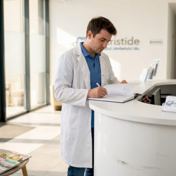 Recepționeră la intrarea unei clinici stomatologice din București