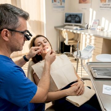 Medic stomatolog verifică sănătatea gingiilor într-un cabinet modern și luminos.