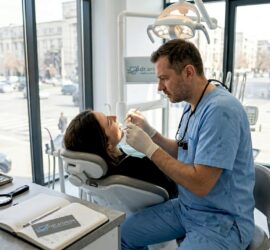 Medicul stomatolog examinează coroana dentară a pacientului pentru a se asigura că este bine fixată și funcționează corect.