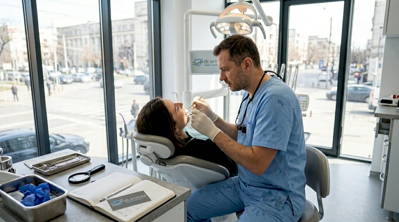 Medicul stomatolog examinează coroana dentară a pacientului pentru a se asigura că este bine fixată și funcționează corect.