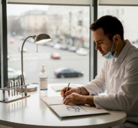 Medic stomatolog analizând fișa unui pacient în cabinetul dentar
