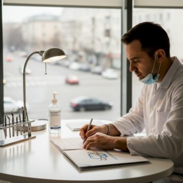 Medic stomatolog analizând fișa unui pacient în cabinetul dentar