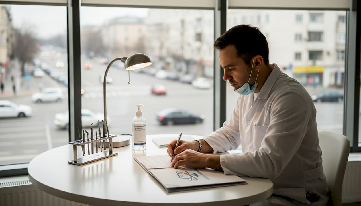 Ce este implantul dentar: ghid complet pentru bucureșteni Medic stomatolog analizând fișa unui pacient în cabinetul dentar