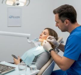 Medicul stomatolog montează o coroană din zirconiu unui pacient.