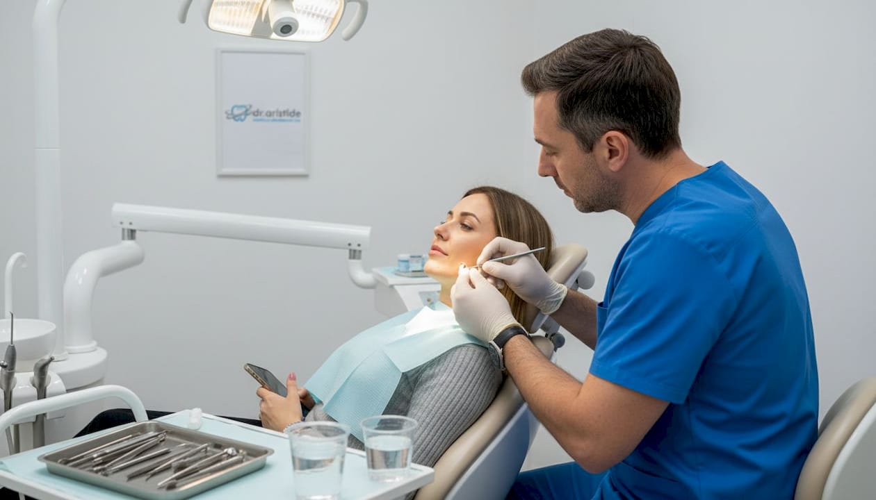 Medicul stomatolog montează o coroană din zirconiu unui pacient.