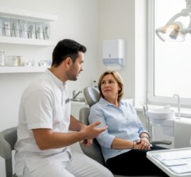 Medicul stomatolog îi explică pacientei ce presupune un implant dentar