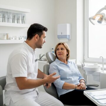 Medicul stomatolog îi explică pacientei ce presupune un implant dentar