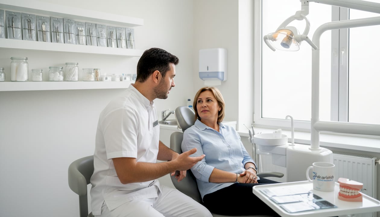 Medicul stomatolog îi explică pacientei ce presupune un implant dentar