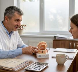 Medic stomatolog care le arată pacienților cum funcționează un implant dentar, folosindu-se de o machetă explicativă.