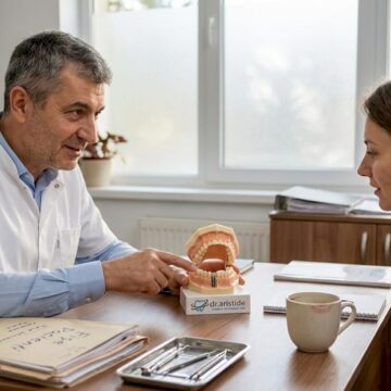 Alege corect: criterii pentru un implant dentar de calitate Medic stomatolog care le arată pacienților cum funcționează un implant dentar, folosindu-se de o machetă explicativă.