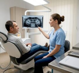 Medic stomatolog discută cu pacientul despre durerile apărute la nivelul coroanei dentare.