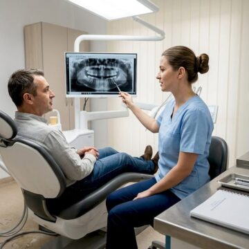 Medic stomatolog discută cu pacientul despre durerile apărute la nivelul coroanei dentare.