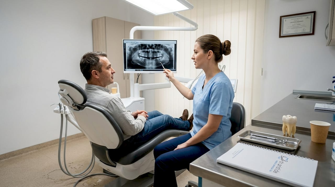 Medic stomatolog discută cu pacientul despre durerile apărute la nivelul coroanei dentare.