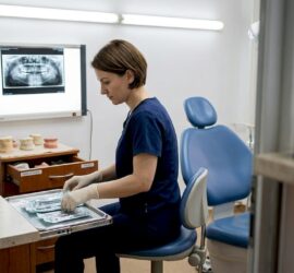 Medicul stomatolog pregătește instrumentele necesare pentru implanturile dentare în cabinet.