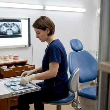 Medicul stomatolog pregătește instrumentele necesare pentru implanturile dentare în cabinet.