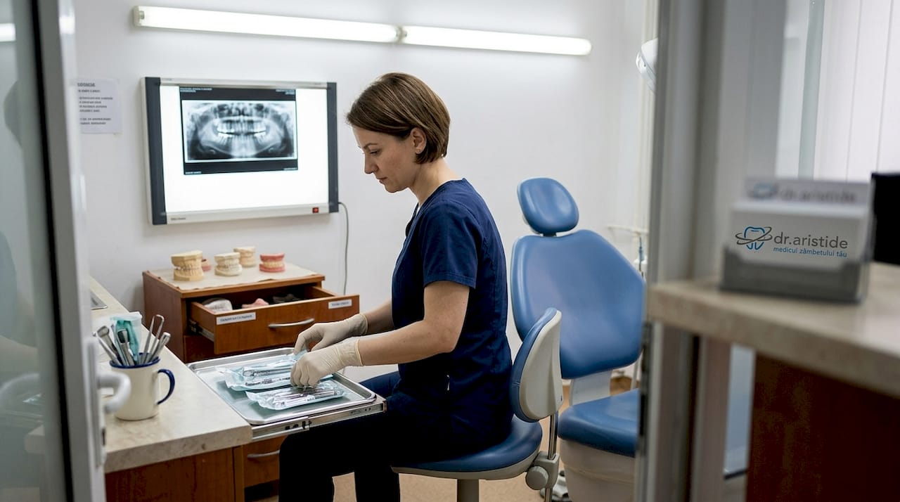 Medicul stomatolog pregătește instrumentele necesare pentru implanturile dentare în cabinet.