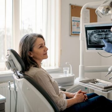 O pacientă poartă o discuție cu medicul stomatolog într-un cabinet plin de lumină.