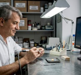 Un tehnician dentar lucrează cu atenție la finisarea unei coroane din zirconiu, la masa de lucru.