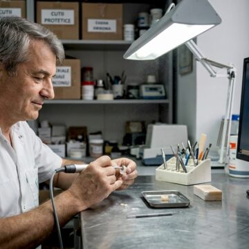 Un tehnician dentar lucrează cu atenție la finisarea unei coroane din zirconiu, la masa de lucru.