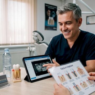 Implanturi dentare moderne: comparații și ghid complet Medicul stomatolog și pacientul poartă o discuție despre opțiunea implanturilor dentare.