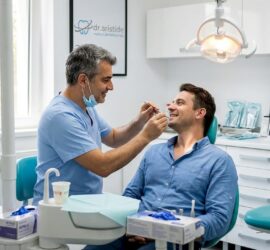 Medicul stomatolog discută cu pacientul despre montarea unei coroane dentare.