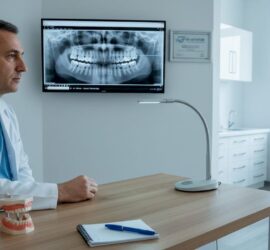 Medicul stomatolog analizează radiografiile pacientului în cabinet.