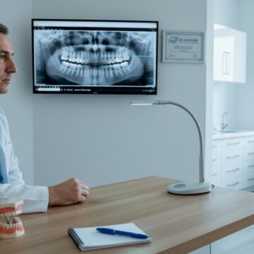 Medicul stomatolog analizează radiografiile pacientului în cabinet.