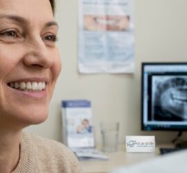 Medicul stomatolog poartă o discuție cu pacientul despre opțiunea implanturilor dentare.