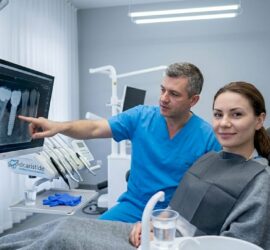 Medicul stomatolog discută cu o pacientă despre opțiunea unui implant dentar.