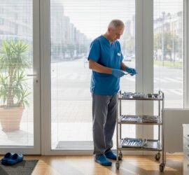 Un medic stomatolog pregătește instrumentele înainte de începerea consultațiilor în cabinet.