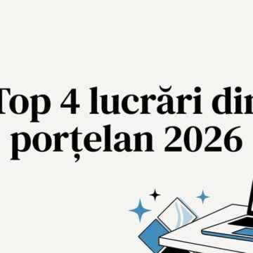 Cartonaș de prezentare elegant pentru stomatologie, cu coroane din porțelan și instrumente specifice