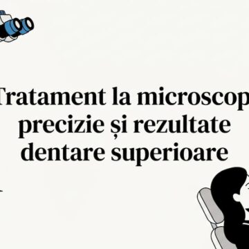 Cartonaș de titlu decorat cu ilustratii de instrumente stomatologice și colț cu microscop