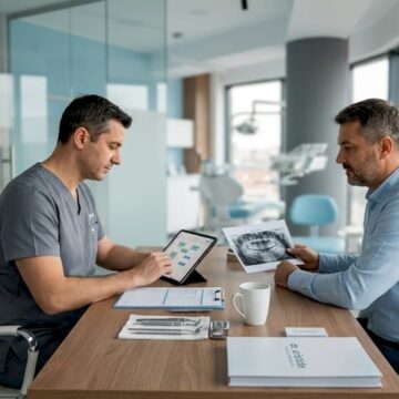 Medicul stomatolog explică pașii necesari pentru realizarea unui implant dentar și stabilește împreună cu pacientul data intervenției.