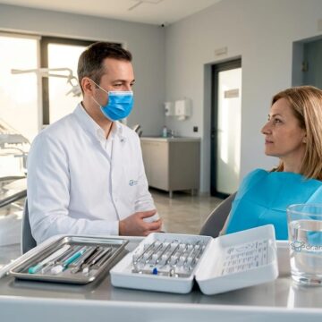 Medicul stomatolog discută cu pacientul în cabinet, analizând împreună situația dentară.