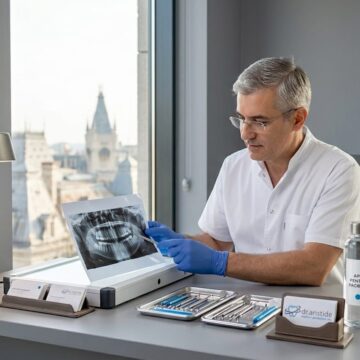 Medicul stomatolog discută cu pacientul în cabinetul său.