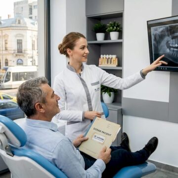 Medicul stomatolog oferă consultație unui pacient într-o clinică din București.