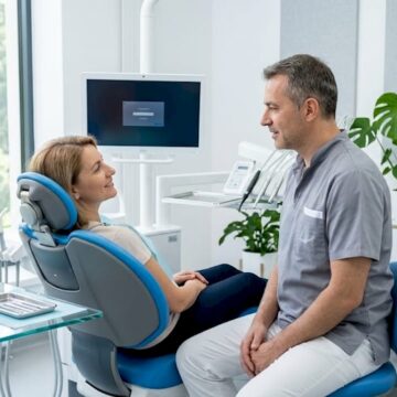 Medicul dentist îi explică pacientului detaliile tratamentului, într-un cabinet spațios și bine luminat.
