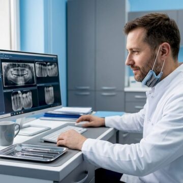 Medic dentist care examinează radiografiile pacienților pentru a identifica eventualele probleme dentare.