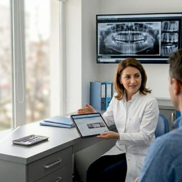 Medicul stomatolog discută cu pacientul în cabinet, oferindu-i sfaturi și recomandări pentru sănătatea dentară.