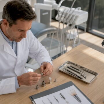 Medic stomatolog care verifică starea componentelor unui implant dentar